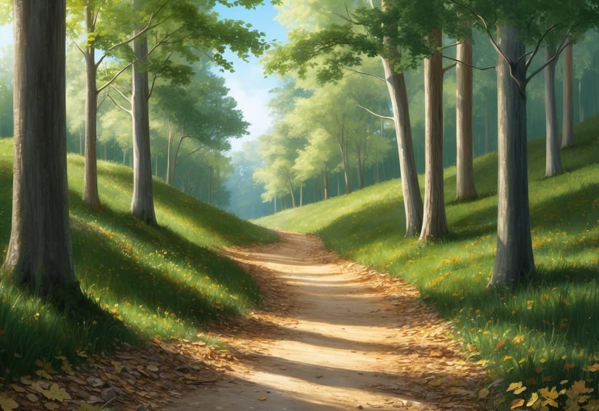 A forest trail winds through dappled sunlight, with soft earth and fallen leaves underfoot. The path leads into the distance, bordered by towering trees