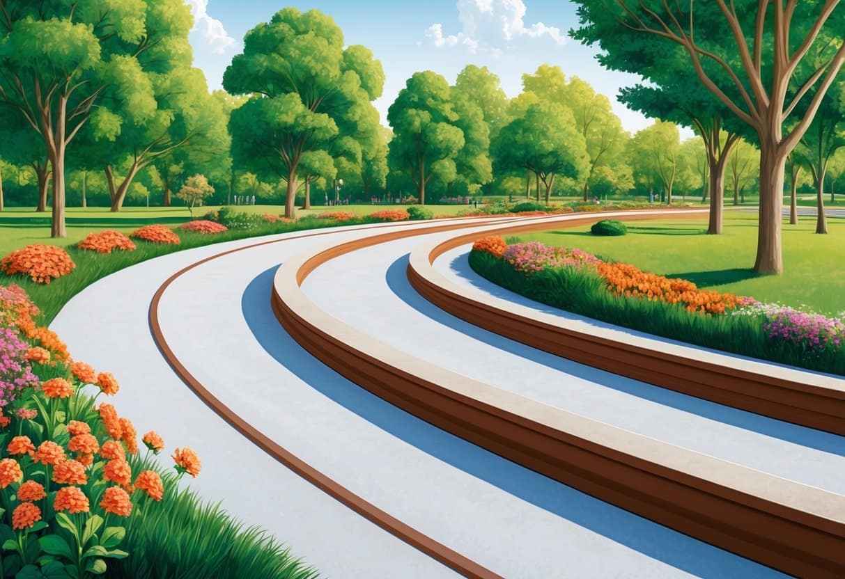 A smooth concrete track winds through a park, surrounded by green trees and vibrant flowers