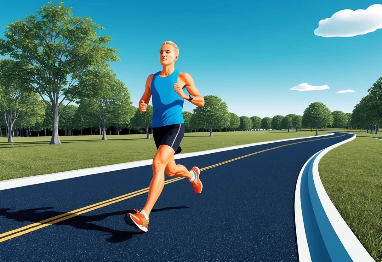 A runner glides along a smooth asphalt path, surrounded by trees and under a clear blue sky
