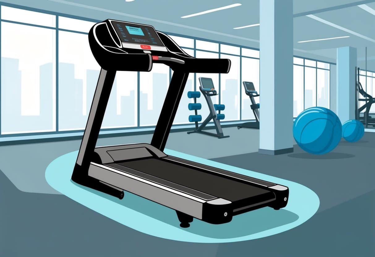 A treadmill with a cushioned, non-slip surface, surrounded by a clean and well-lit gym environment