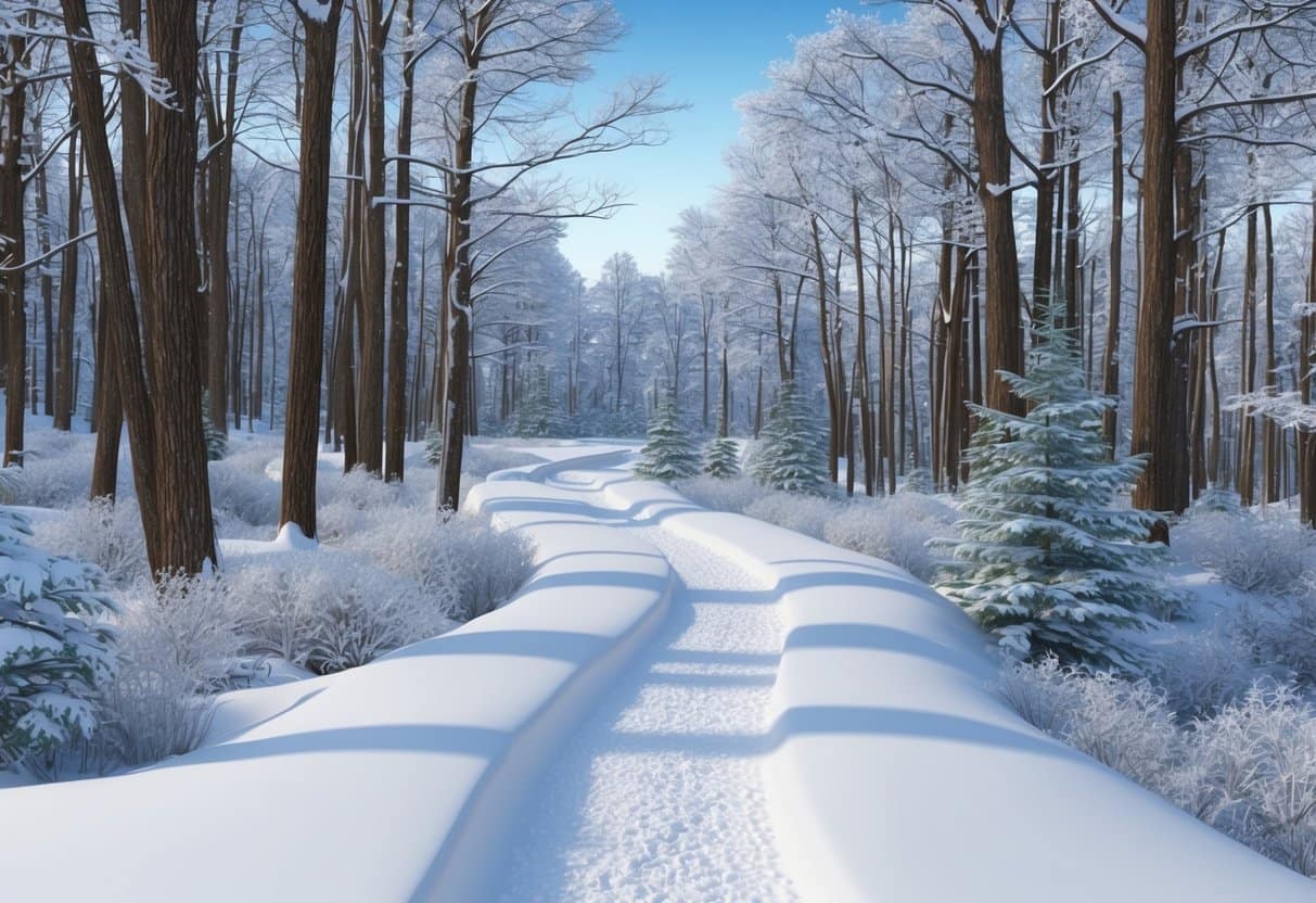 Fresh snow covers a winding trail through a peaceful forest
