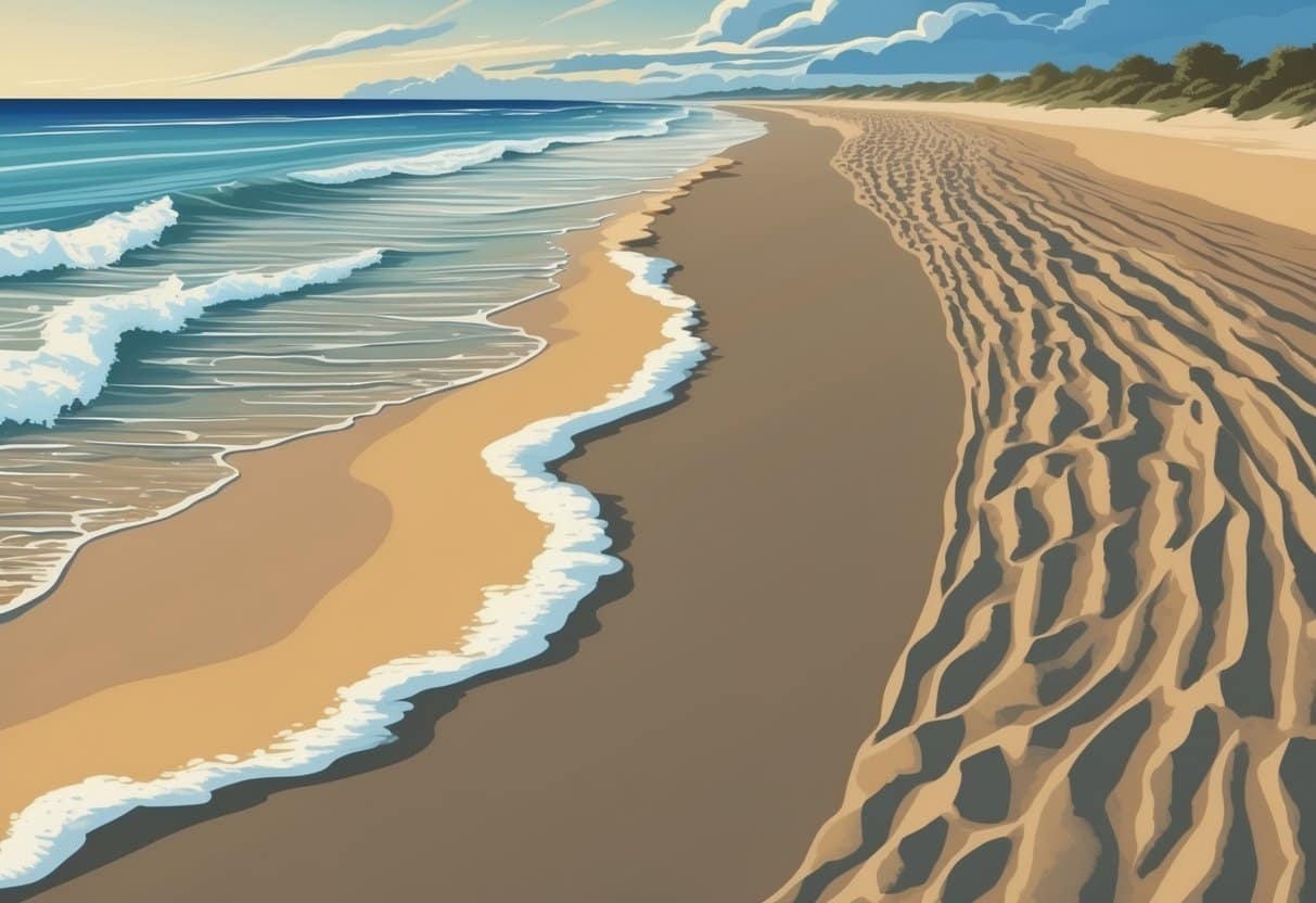 A sandy beach stretches along the shore, with gentle waves lapping at the edge