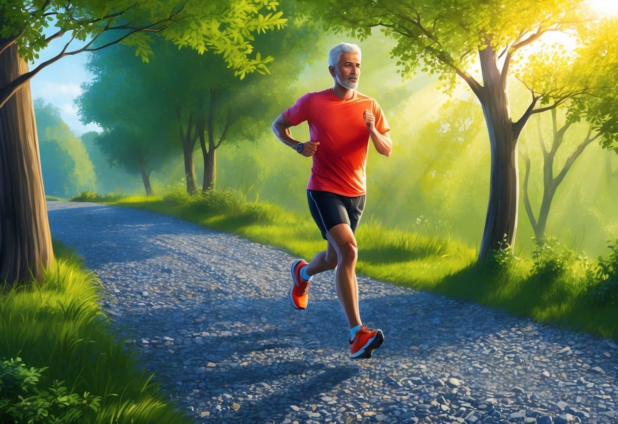 A runner on a gravel path, surrounded by trees and greenery, with sunlight filtering through the leaves