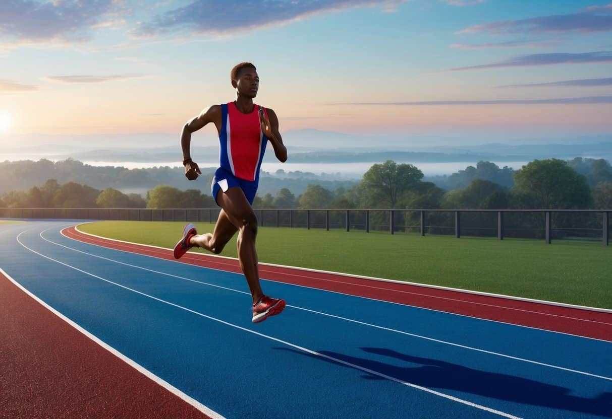 A runner glides effortlessly across a cushioned synthetic track, with a backdrop of a serene and scenic landscape