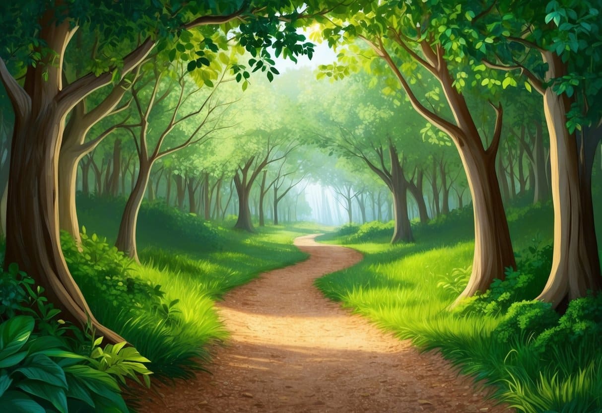 A lush forest trail winds through a sun-dappled grove, with soft dirt underfoot and a canopy of green leaves overhead