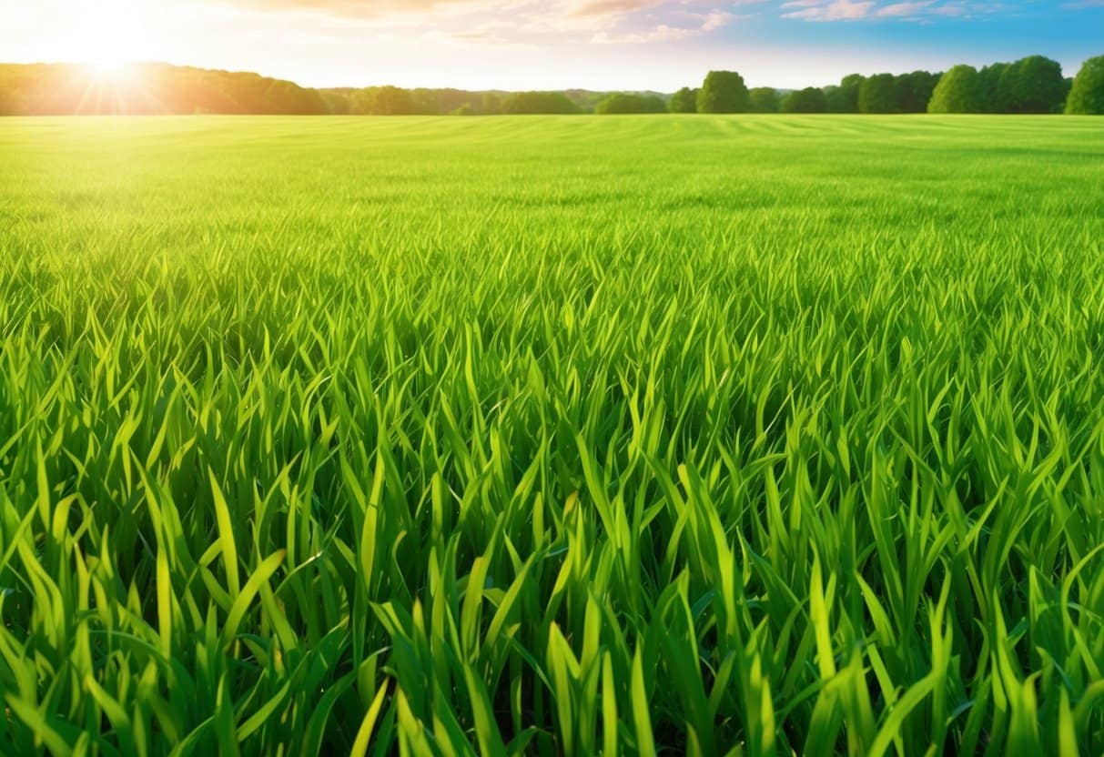 Lush green grass stretches across a vast field, bathed in warm sunlight, creating the perfect surface for running