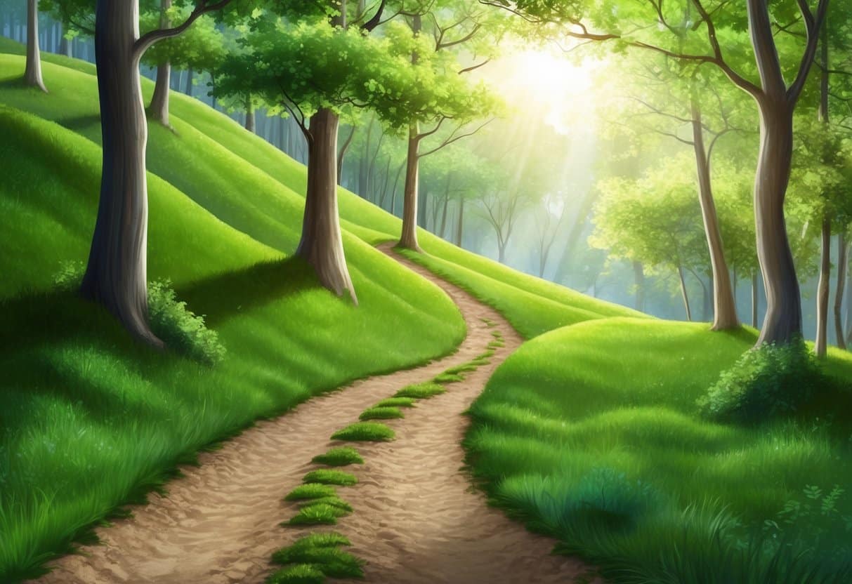 A winding trail through a lush forest with soft, packed dirt and gentle inclines. Sunlight filters through the trees, casting dappled shadows on the ground