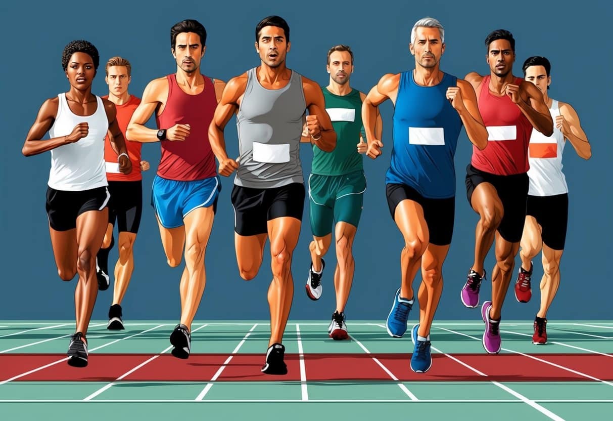 a group of men running on a track