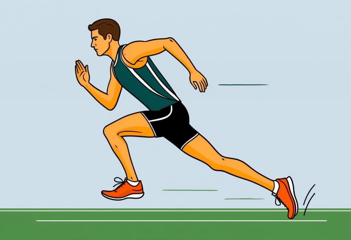 A runner with proper form: head up, shoulders relaxed, arms bent at 90 degrees, and feet landing under the body