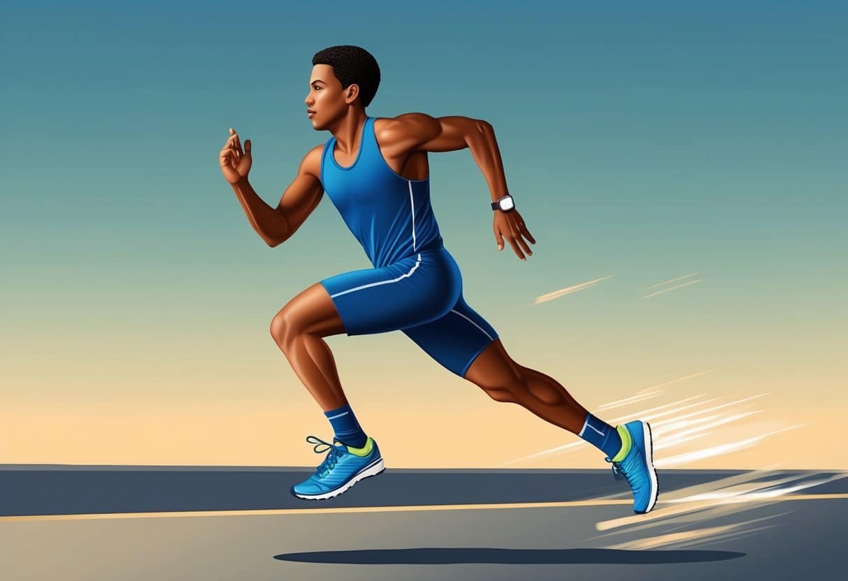 A runner with proper form, head up, shoulders back, arms swinging, and feet landing lightly on the ground