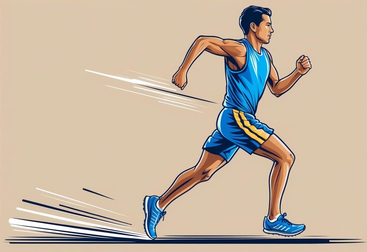 A runner with upright posture, relaxed shoulders, and arms swinging parallel to the body, with a slight forward lean, and midfoot striking the ground