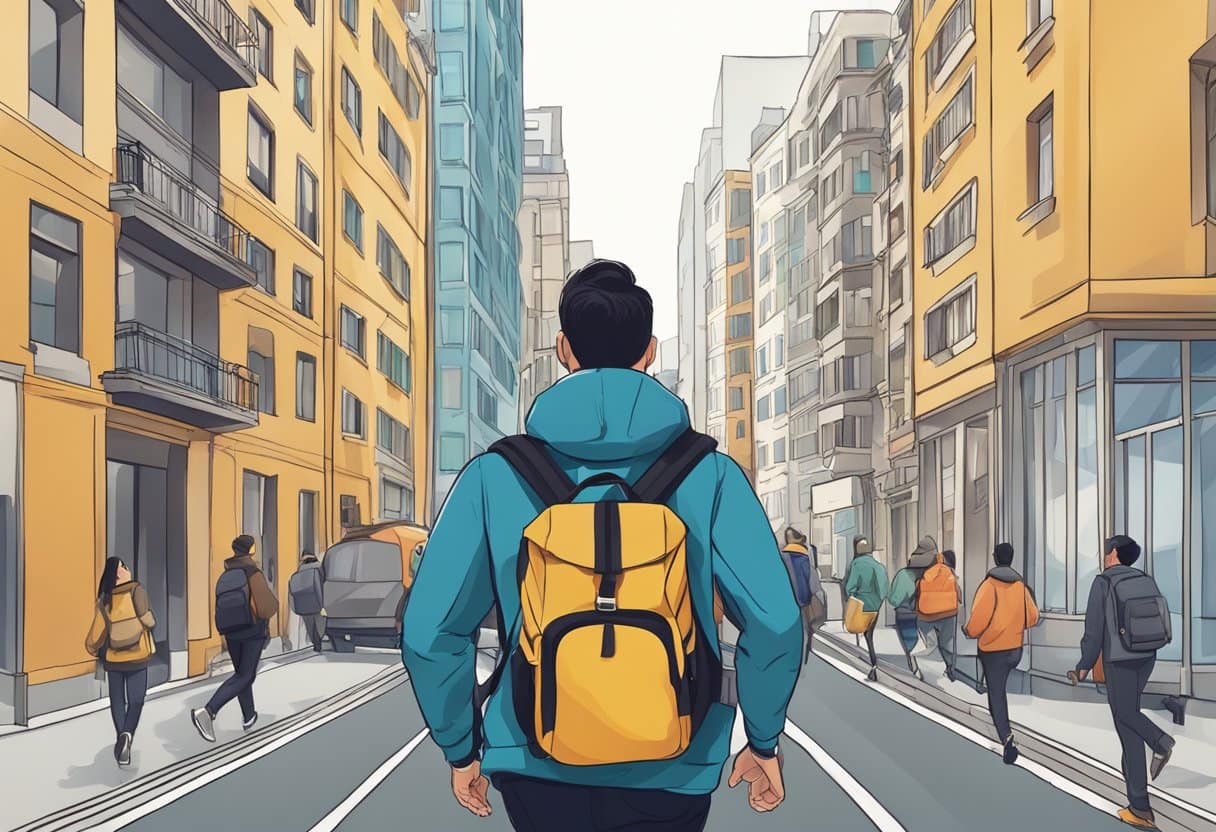 A person running with a backpack through a city, passing by buildings and traffic