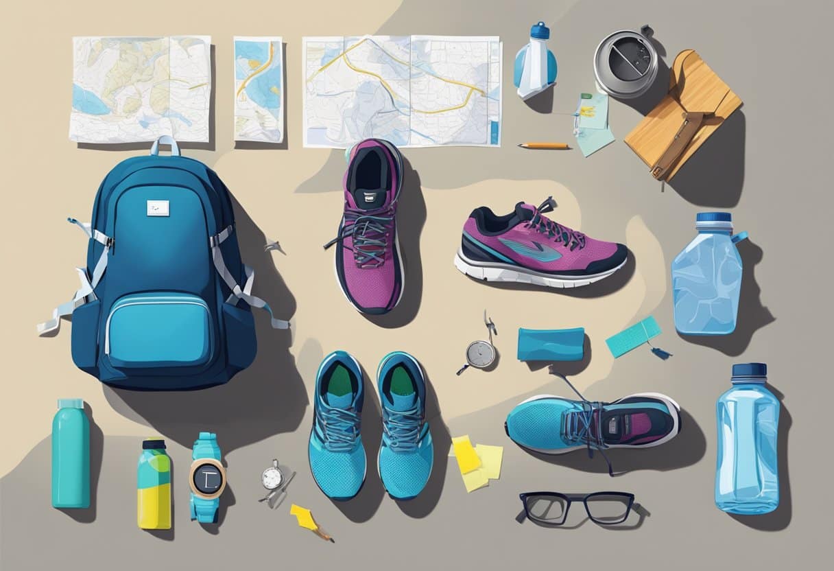 A person lays out running shoes, a backpack, and a map on a table, with a water bottle and a watch nearby