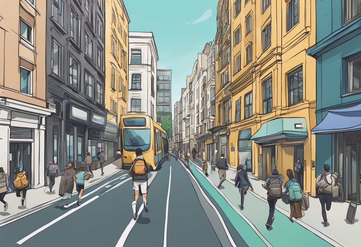 A person running with a backpack on a city street, passing by buildings and other commuters