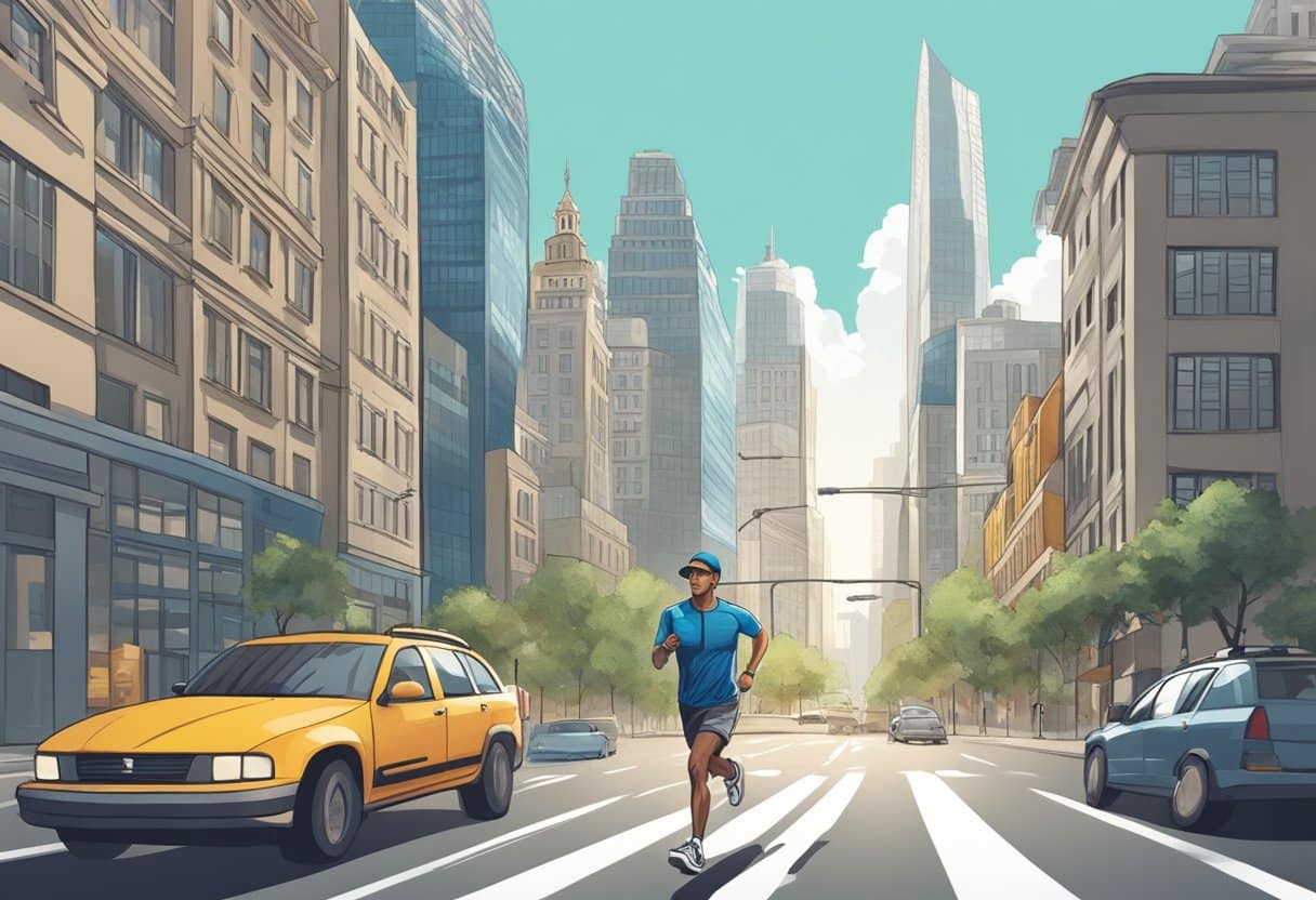 A runner with a backpack and sneakers, navigating through a bustling city, with traffic and tall buildings in the background