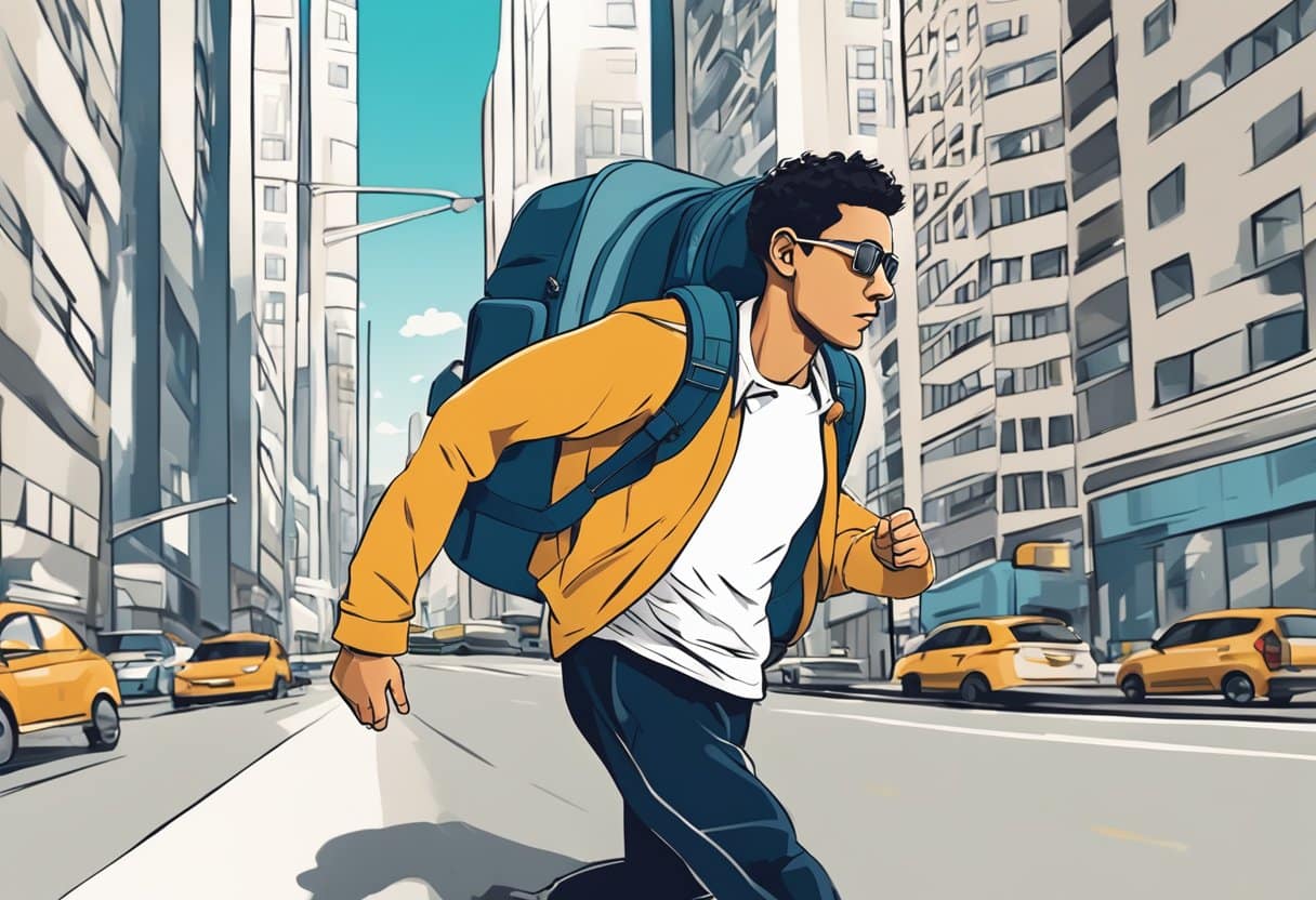 A person running with a backpack through a city, passing by busy streets and tall buildings, with a determined and focused expression