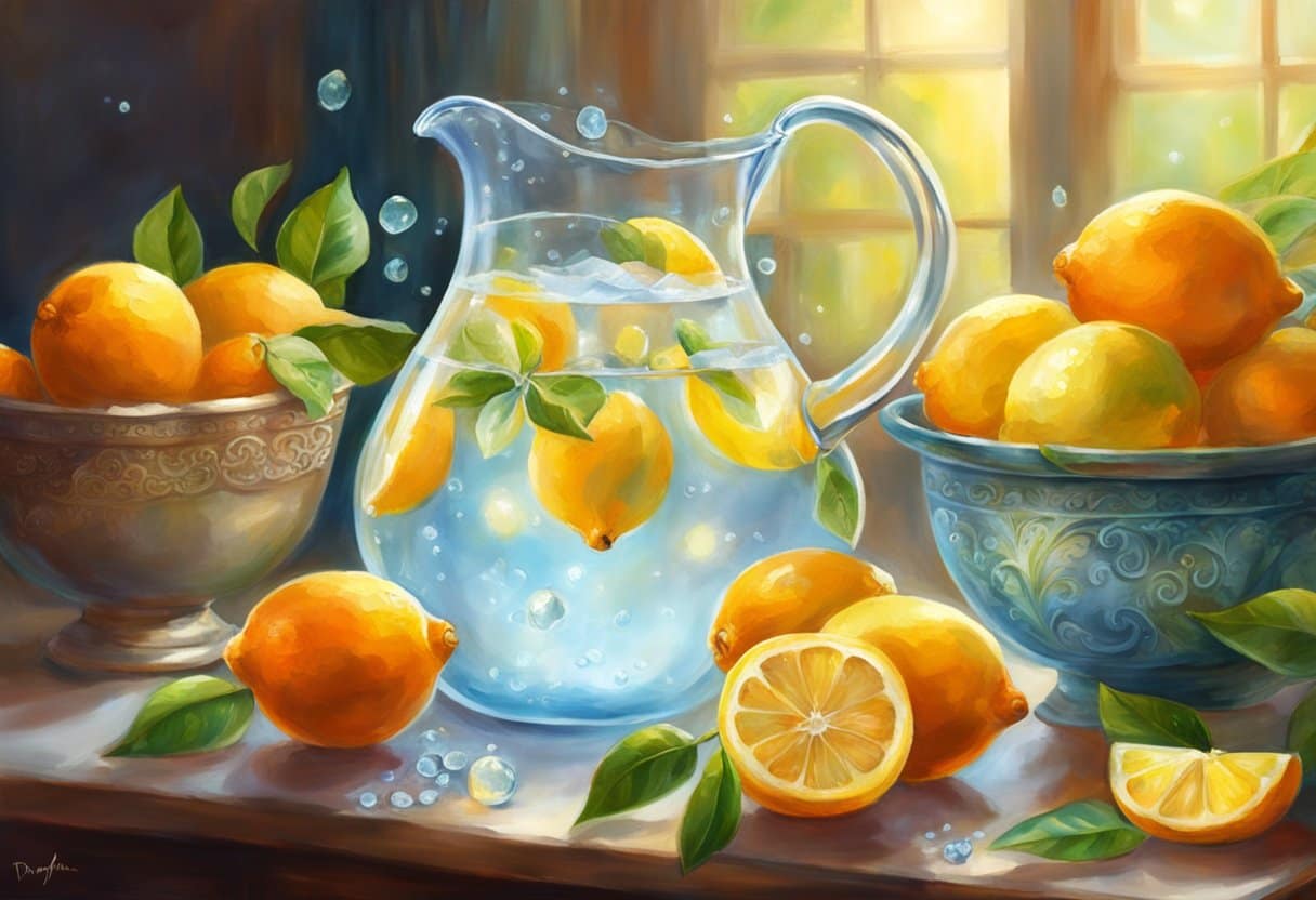 A clear glass pitcher filled with water, surrounded by fresh lemons, oranges, and a small bowl of sea salt