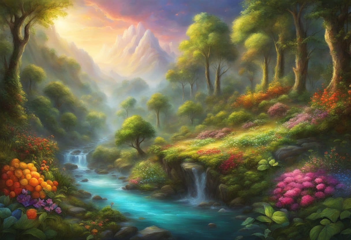 A lush forest with a clear stream flowing through it, surrounded by vibrant greenery and colorful flowers. A few ripe fruits and vegetables are scattered nearby