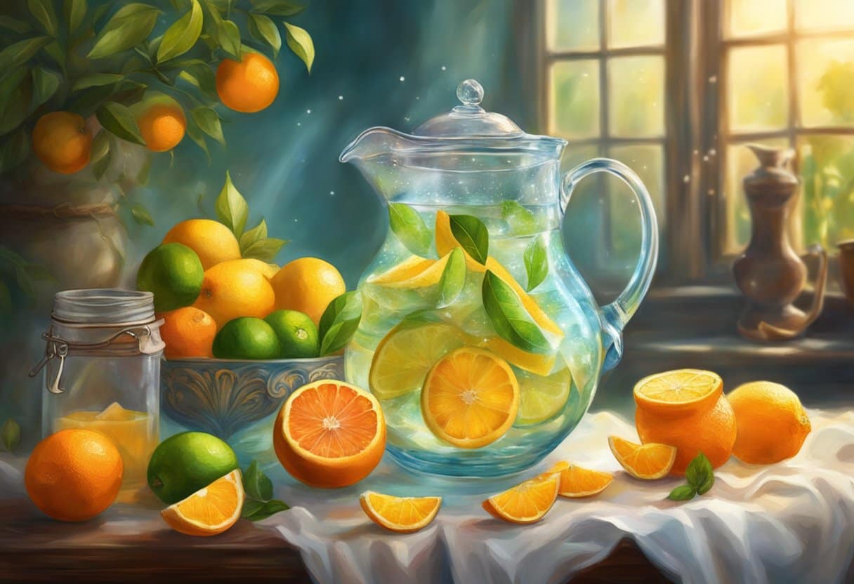 A glass pitcher filled with water, surrounded by fresh fruits like oranges, lemons, and limes. A measuring spoon and a jar of salt are also on the table