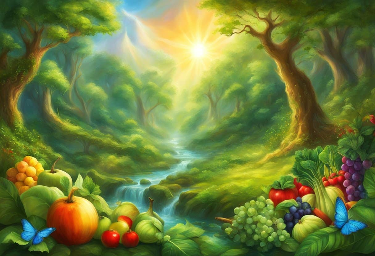 A lush green forest with a clear stream flowing through, surrounded by vibrant fruits and vegetables. A sun shines brightly overhead, casting a warm glow on the natural ingredients