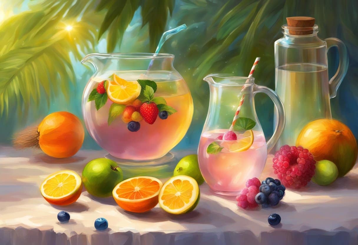 A glass filled with a homemade electrolyte drink, with coconut oil and various fruits, sitting on a table next to a bowl of coconut oil and a pitcher of water