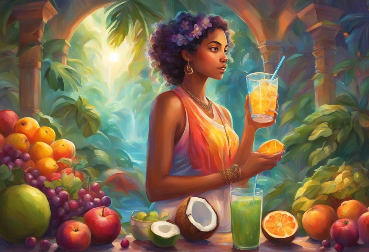 A person mixing fruits and coconut water in a blender, surrounded by fresh produce and a glass of electrolyte drink