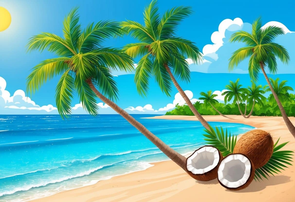 A tropical beach with palm trees, coconuts, clear blue water, and a sunny sky