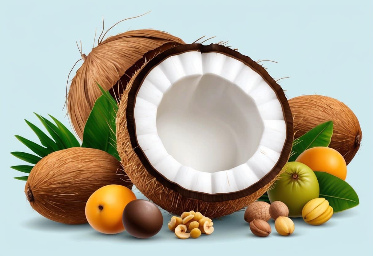 A ripe coconut with its husk partially removed, revealing the white flesh and clear coconut water inside. Surrounding the coconut are various tropical fruits and nuts