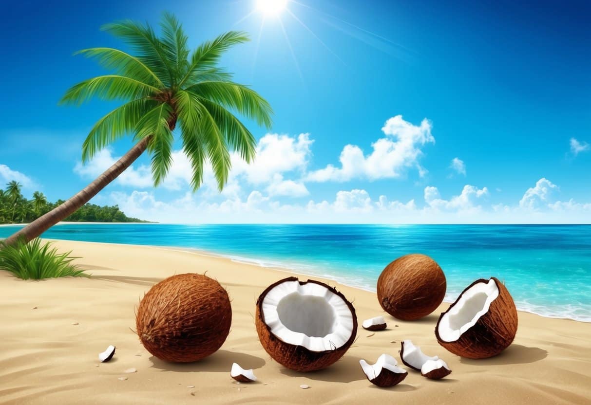 A tropical beach with a coconut tree, clear blue sky, and crystal-clear water. Coconuts are scattered on the sand, and a few are cracked open, revealing the white flesh inside