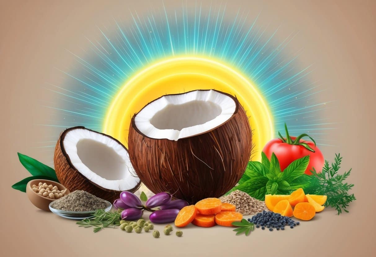A coconut surrounded by various anti-inflammatory foods and herbs, with a glowing halo of healing energy emanating from it