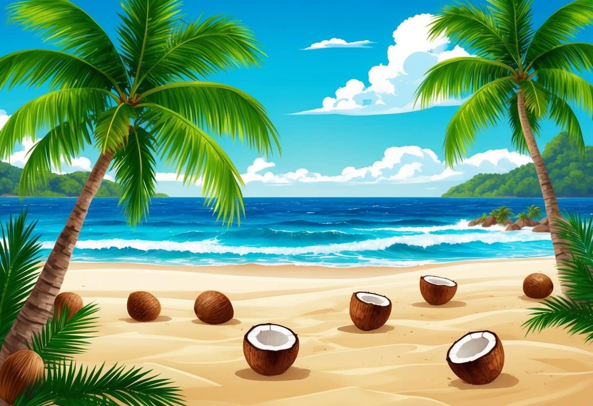 A tropical beach with coconuts scattered on the sand, surrounded by lush green palm trees and clear blue ocean waves