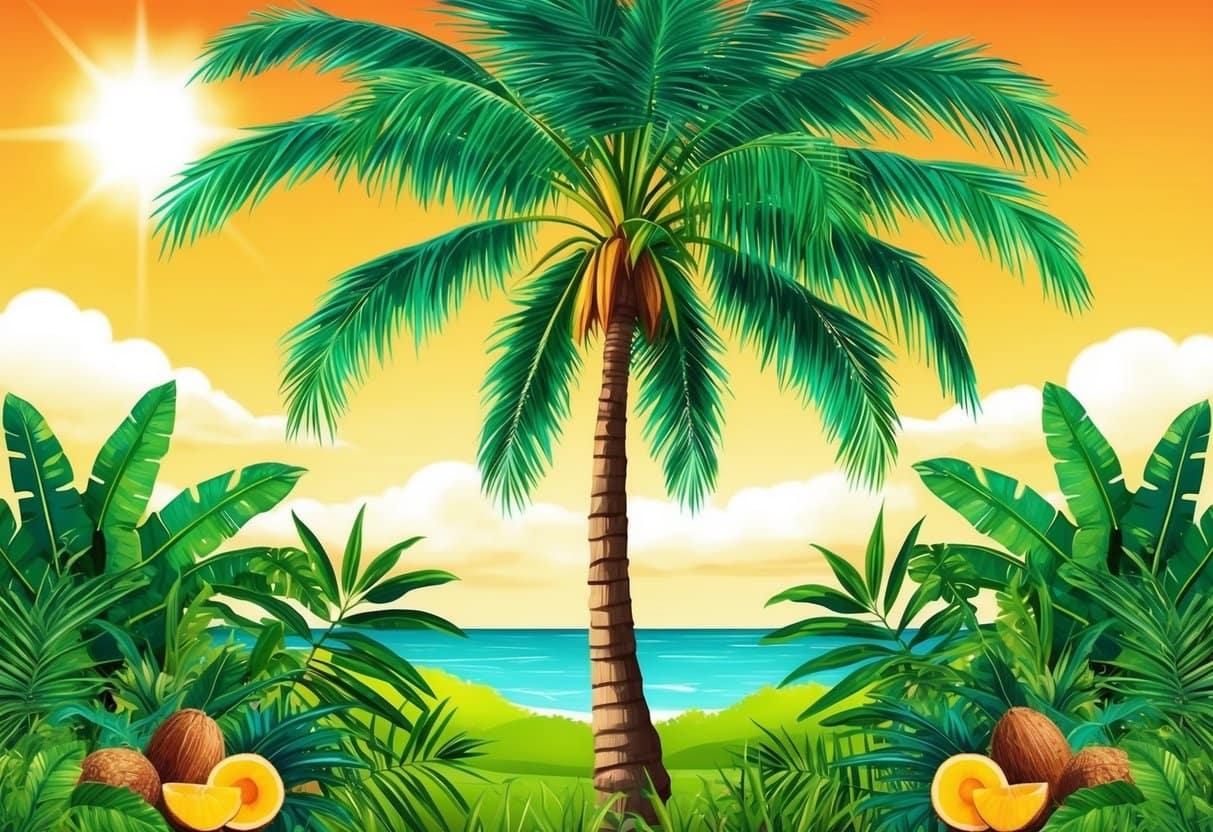A vibrant coconut tree standing tall, surrounded by lush greenery and tropical fruits, with a shining sun overhead