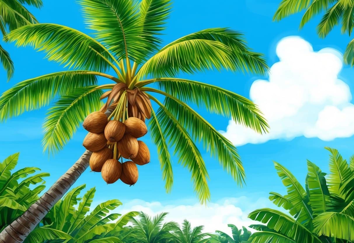 A tropical coconut tree surrounded by vibrant green foliage, with a cluster of coconuts hanging from its branches, under a bright blue sky