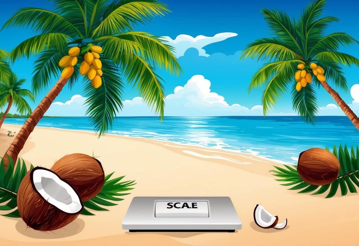 A tropical beach with coconut trees, coconuts, and a scale