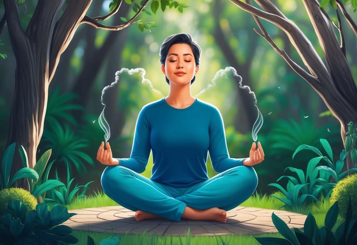 a woman sitting in a lotus position in the woods