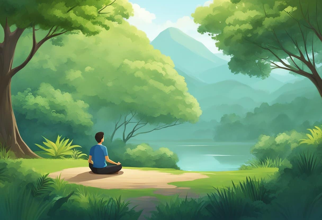 A serene nature scene with a person meditating, surrounded by greenery and a calming atmosphere