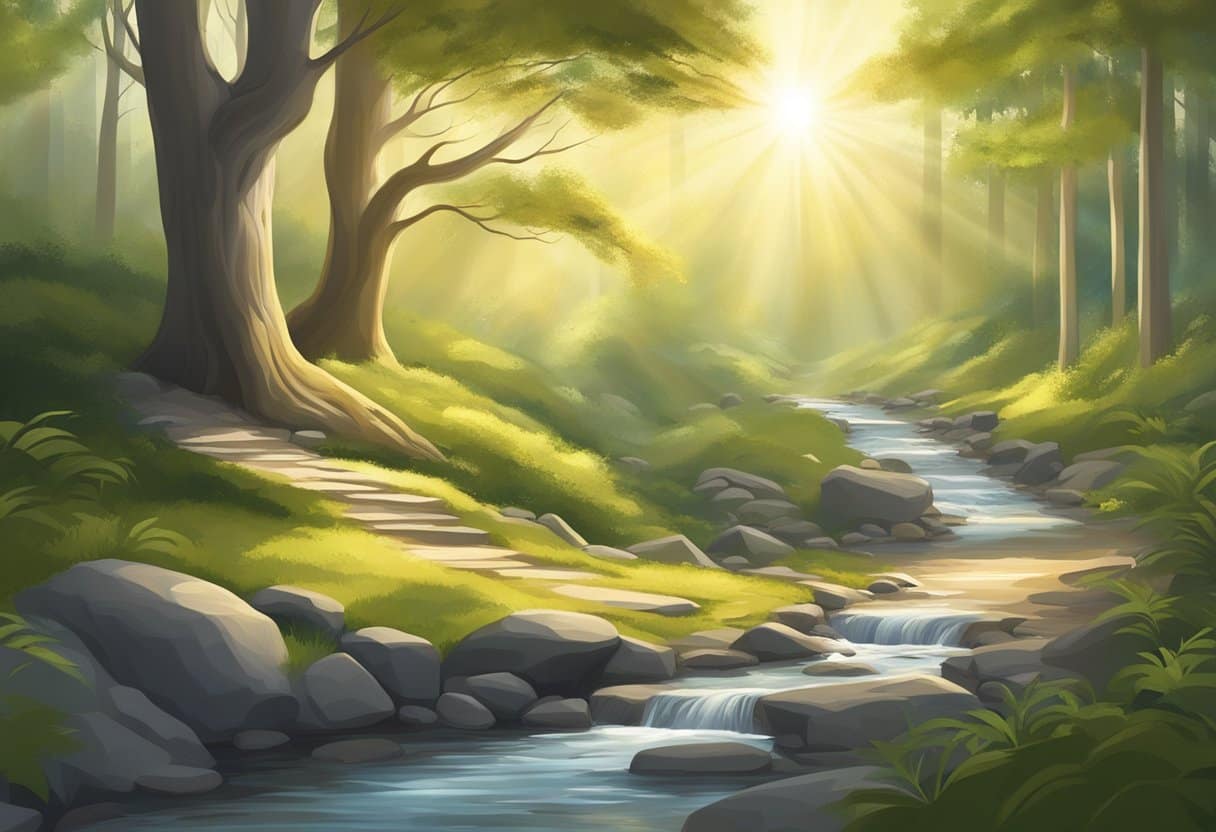 A serene nature scene with a winding path through a peaceful forest, sunlight filtering through the trees, and a clear, calming stream flowing alongside