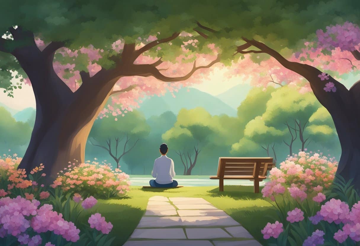 A tranquil garden with a person meditating under a tree, surrounded by blooming flowers and peaceful nature sounds