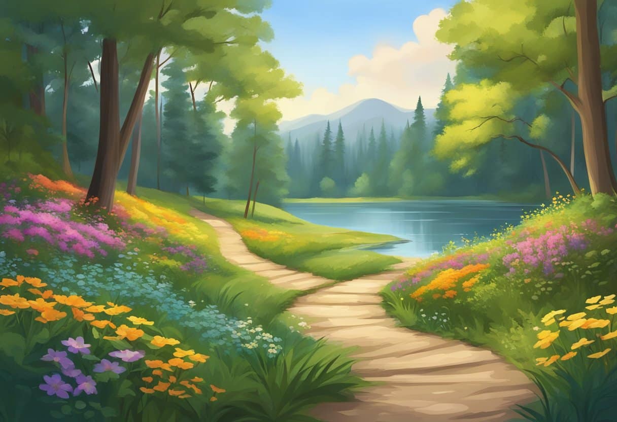 A serene nature scene with a winding path through a lush forest, leading to a tranquil lake surrounded by colorful wildflowers and tall trees