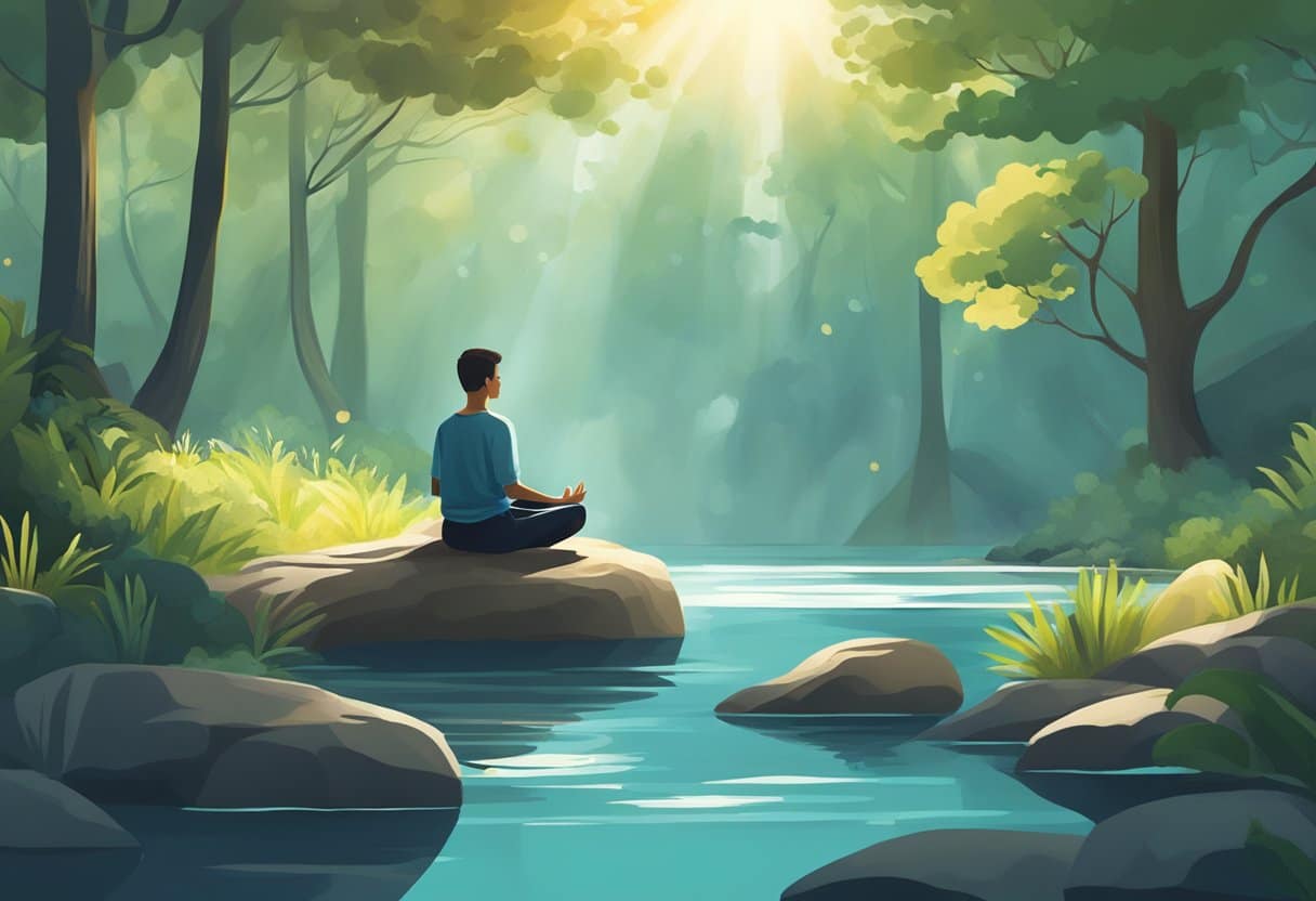 A serene nature scene with a person meditating, surrounded by calming elements like water, trees, and sunlight
