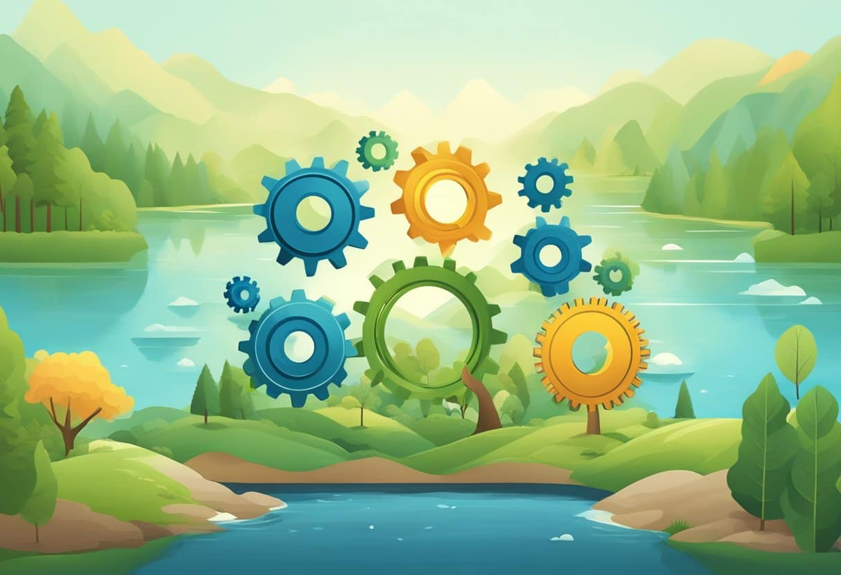 A group of interconnected gears symbolizing a support network, surrounded by calming nature scenes and healthy activities