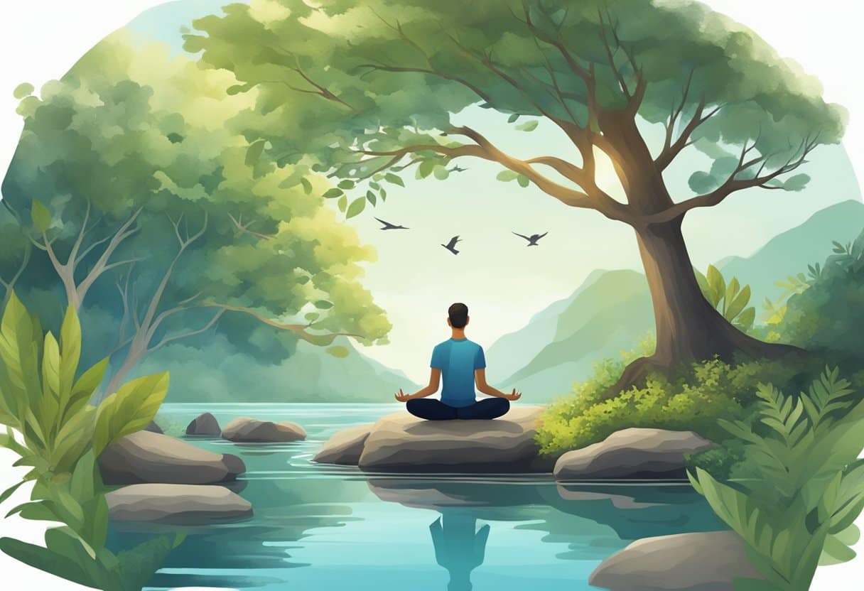 A person meditating in a peaceful, nature-filled setting, surrounded by calming elements like water, trees, and birdsong