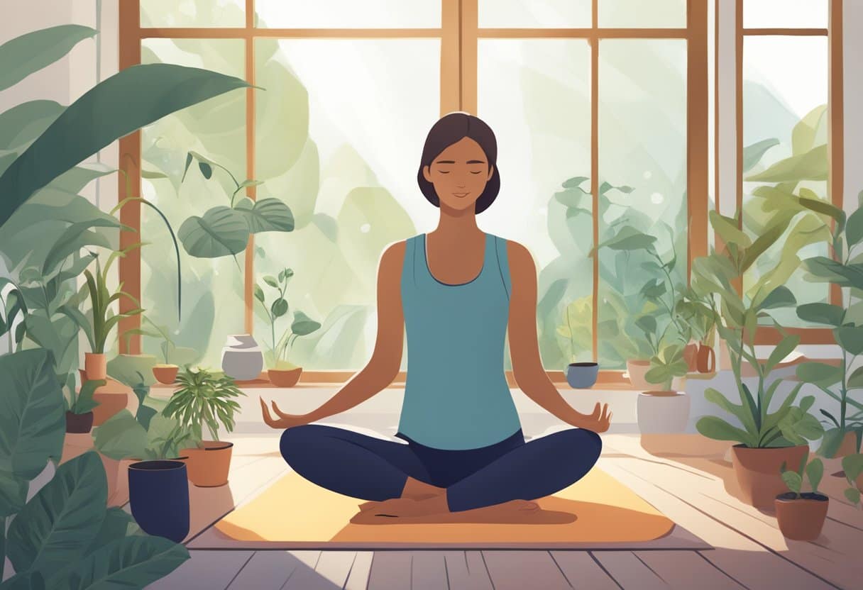 A serene morning scene with a person practicing yoga, surrounded by plants and natural light, while a journal and cup of tea sit nearby