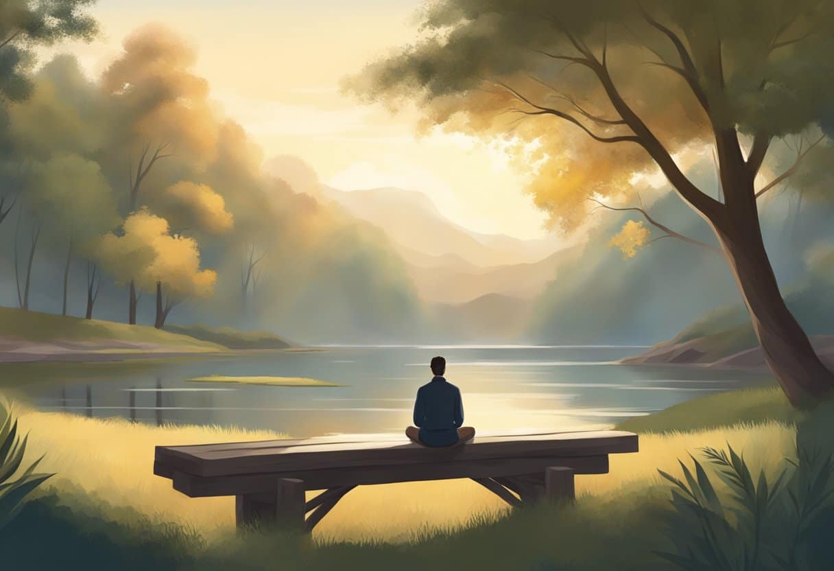 A serene, tranquil setting with soft, natural lighting. A person sits or stands, eyes closed, inhaling deeply, with a sense of calm and peacefulness