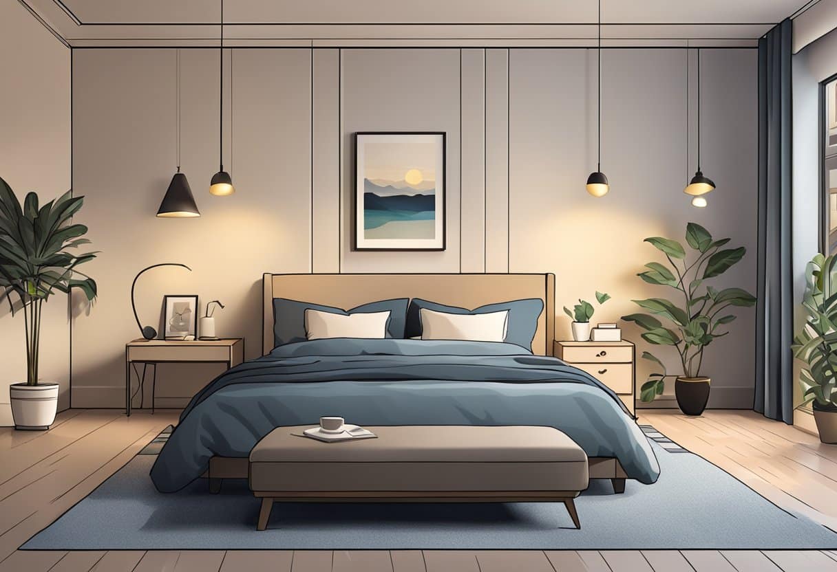 A serene bedroom with dim lighting, a tidy bed, and calming decor. A clock shows a reasonable bedtime. No electronic screens are visible