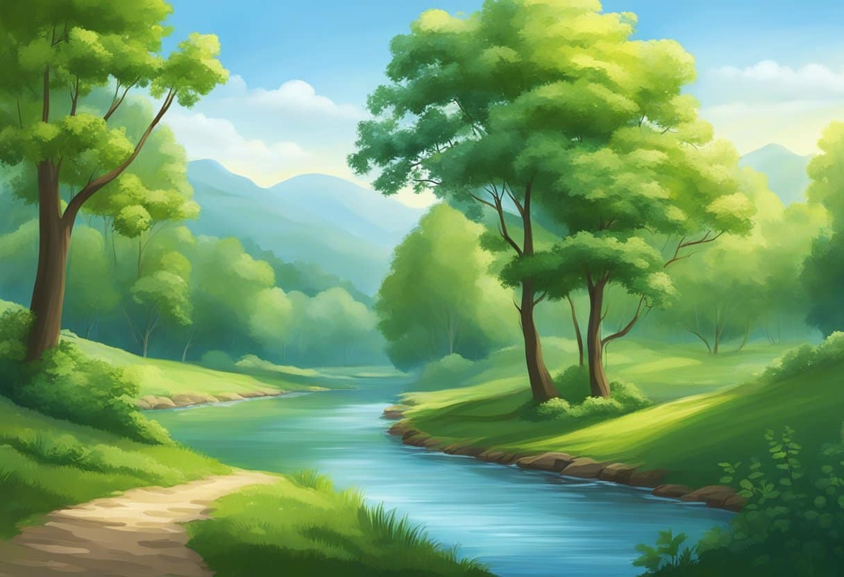 A serene nature scene with a winding river, lush green trees, and a bright blue sky, conveying a sense of calm and peace