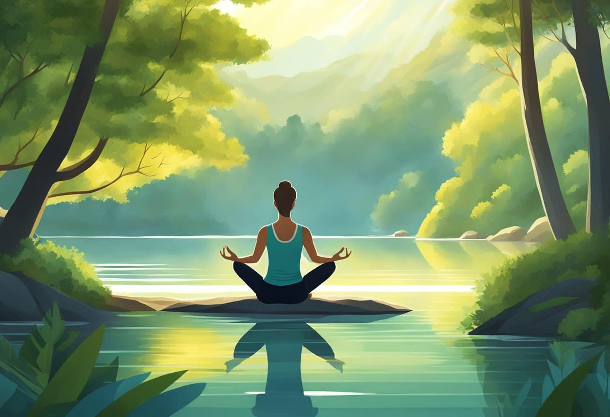 A serene nature scene with a person practicing yoga, surrounded by greenery and calm water, with sunlight streaming through the trees