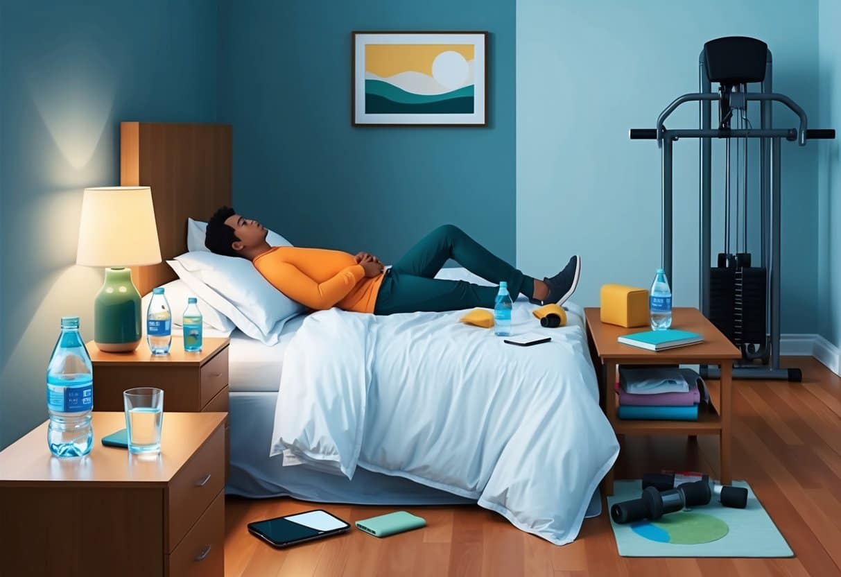 A messy bedroom with a person lying in bed, empty bottles and a glass of water on the nightstand, and exercise equipment in the corner