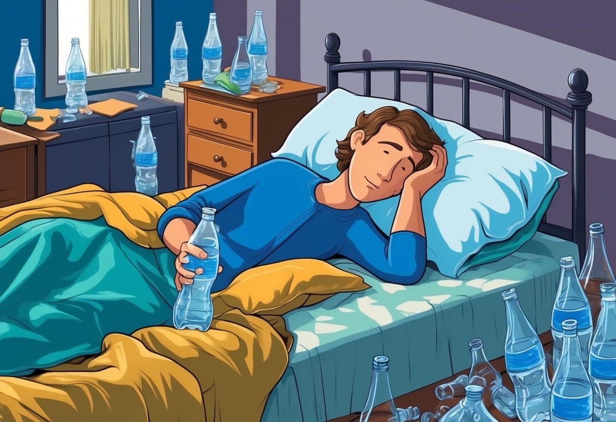 A person lying in bed with a water bottle and a headache, surrounded by empty bottles and a messy room
