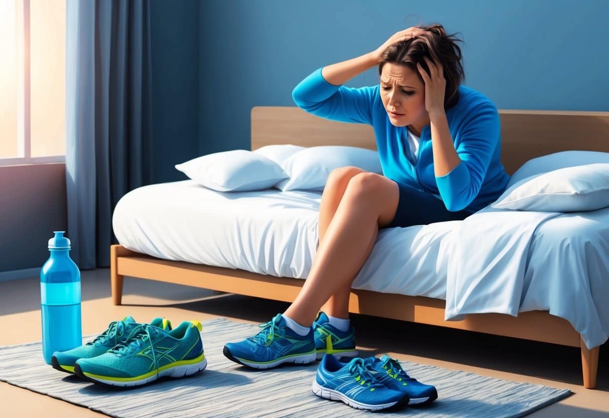 A person sits on a bed, holding their head with a pained expression. A water bottle and a pair of running shoes are placed on the floor, indicating a decision to exercise despite feeling unwell